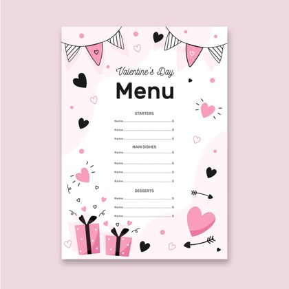 浪漫平面设计的情人节菜单模板准备印刷模板情人节