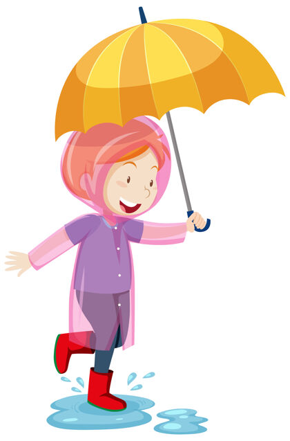 标牌孩子穿着雨衣 打着伞 跳进水坑卡通风格的白色背景隔离人物年轻空白