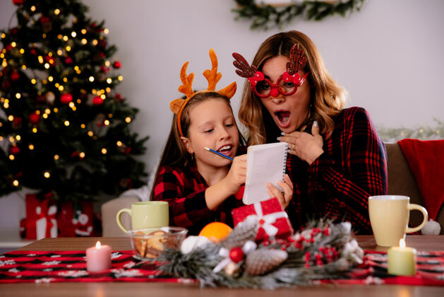 驯鹿戴着驯鹿眼镜的母亲兴奋地看着笔记本 女儿坐在桌旁 在家里享受圣诞节时光妈妈女儿圣诞节