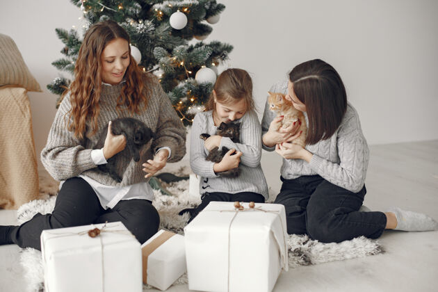 女人人们在为圣诞节做准备人们坐在圣诞树旁孩子装饰小猫