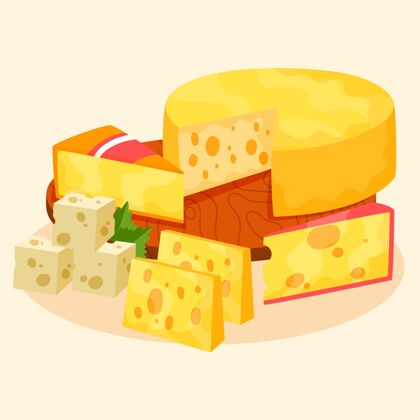 烹饪手工绘制的一套不同类型的奶酪食品食用绘制