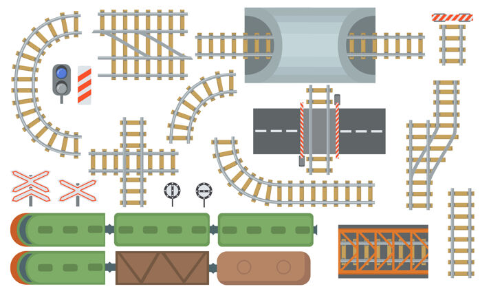 道路铁路和铁路轨道平面元素集铁路站和铁路线的俯视图孤立矢量插图集从上面看建筑和工业地图概念信号曲线轨道