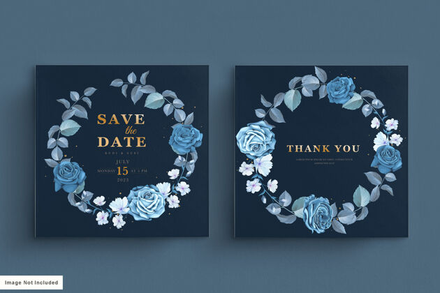 请柬蓝色结婚卡套装 带深色花朵日期邀请花