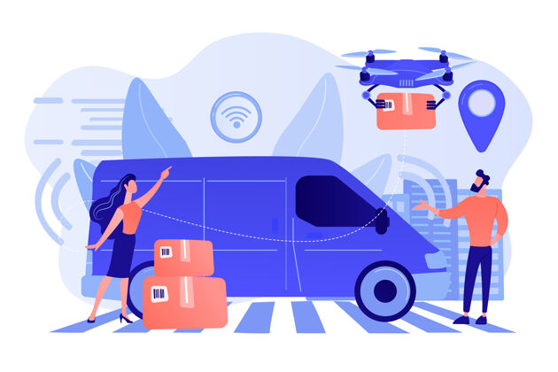 蓝色带传感器和无人机的自动送货车运送包裹自动快递 无人驾驶送货服务 现代包裹服务理念明亮渐变智能