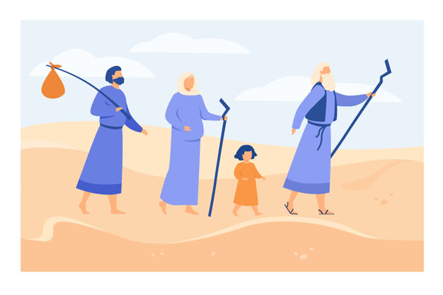 圣经摩西带领以色列人穿越沙漠走向应许之地教古代先知在沙漠中向人物展示道路圣经叙事和宗教观念插图旅行传说
