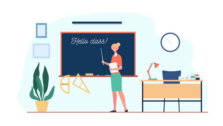 插图快乐的老师在教室里欢迎学生 站在黑板前为班级题词问好矢量插图为返校 教育理念欢迎女复制