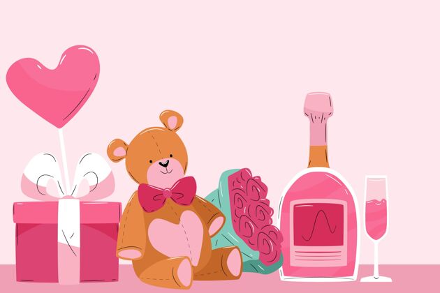 2月14日情人节背景是泰迪熊和香槟庆祝14日泰迪