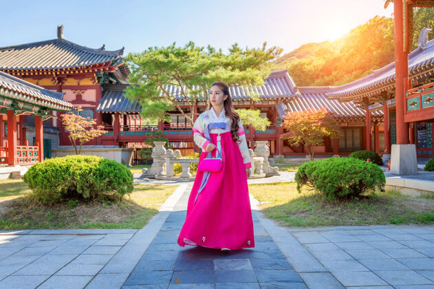 充满活力在京畿道穿韩服的女人 传统的韩服服装女性传统