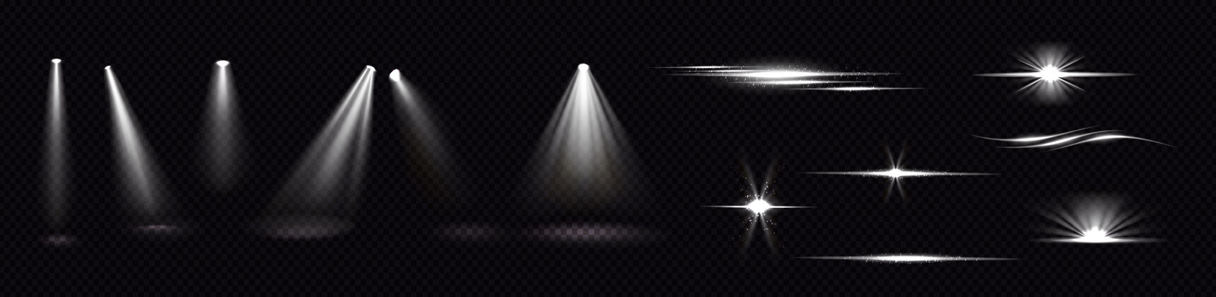 泛光灯来自聚光灯和闪光灯的光束隔离在透明背景上真实的闪光效果 明亮的白光和带有火花的眩光投影仪的闪光和闪光明亮发光照明
