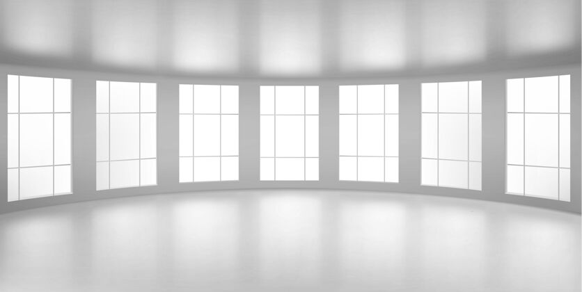 光空旷的圆形房间 大窗户的办公室 白色的天花板和地板现代城市建筑的内部结构 内部设计项目可视化 逼真的三维插图室内房间内
