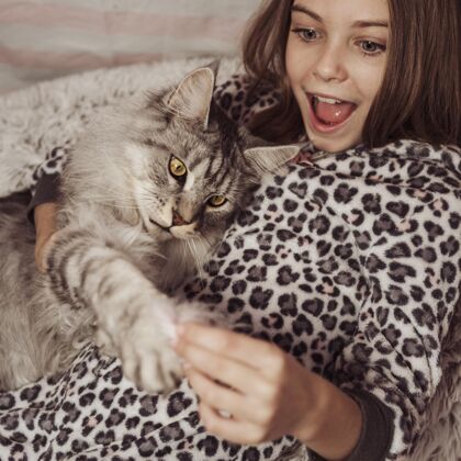 感情女孩和猫在床上玩动物小猫猫