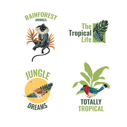 丛林标志设计与热带现代概念的品牌和营销水彩插图异国情调动物自然