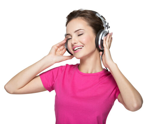 青少年快乐的年轻女子戴着耳机听音乐女士耳机青少年