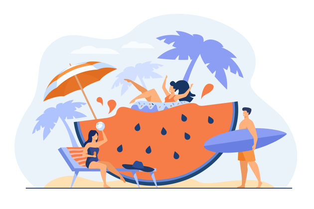 休闲一群朋友在享受夏日活动 在沙滩或泳池派对上玩得开心 喝鸡尾酒 用橡胶圈漂浮在巨大的西瓜片上度假 旅游 休闲的理念女人乐趣寒冷