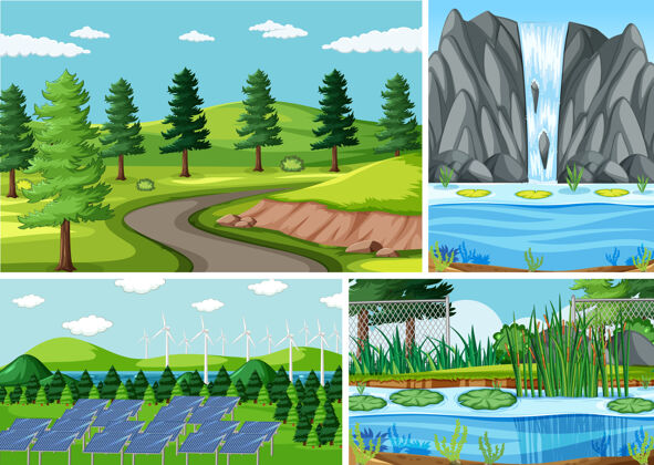 插图四个不同的场景在自然设置卡通风格季节涡轮机风景