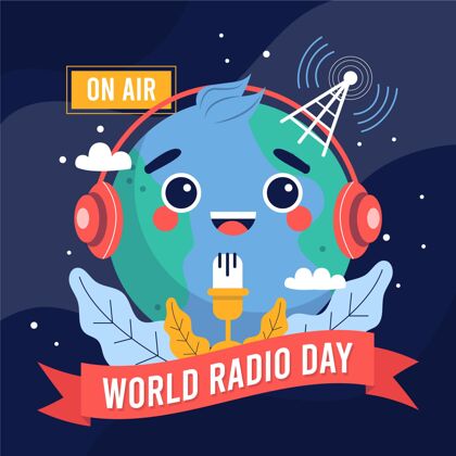 通信平面手绘世界广播日背景与行星收音机广播日