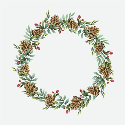 卡通圣诞花环与松果水彩风格植物框架装饰