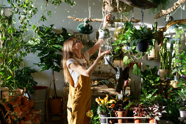 家庭园艺忙碌的园丁在花盆和绿色的热带室内植物盆栽的商店工作零售家务室内植物