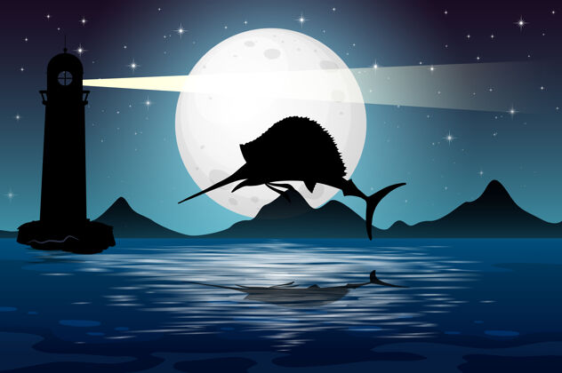 天空马林鱼在自然场景剪影卡通水动物
