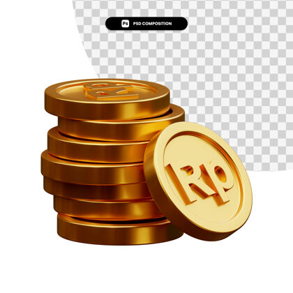 信贷一堆金币在3d渲染隔离货币金融货币