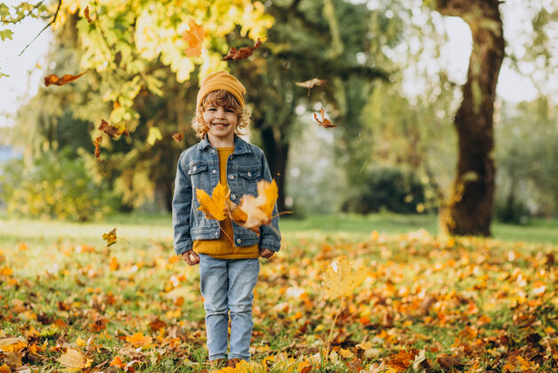 小男孩可爱的男孩在秋天公园玩树叶树叶休闲小