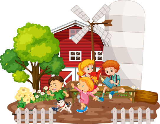 孩子在白色背景下 农场里的红色谷仓里的孩子们树风车农场