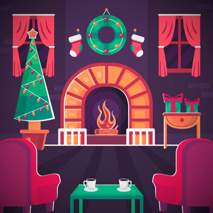 平面平面设计圣诞壁炉场景场景壁炉十二月