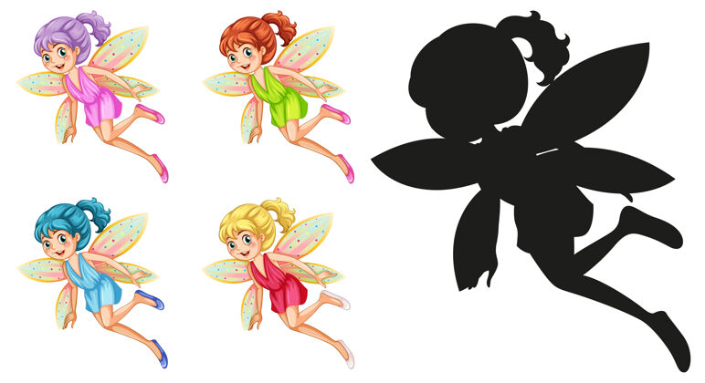 女孩一组童话人物和白色背景上的剪影魔法影子飞翔