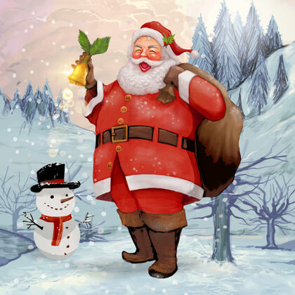 圣诞老人手绘快乐的圣诞老人拿着礼物袋快乐服装雪人