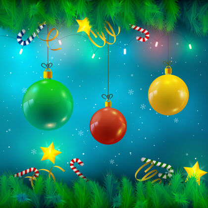 树枝圣诞饰品杉木树枝丝带糖果星星灯和降雪插图雪秋天树枝