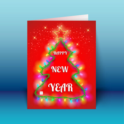 光新年红色贺卡与圣诞树形状的蓝色背景矢量插图轻花环问候雪花蓝色