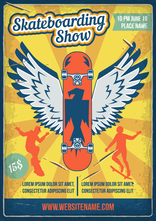 街道海报设计与插图的滑板与翅膀和剪影的人与滑板活跃插图活动