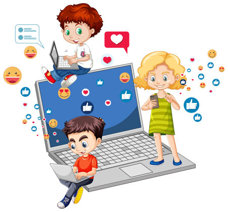 喜欢儿童与社会媒体元素的白色背景面对面时间社交沟通