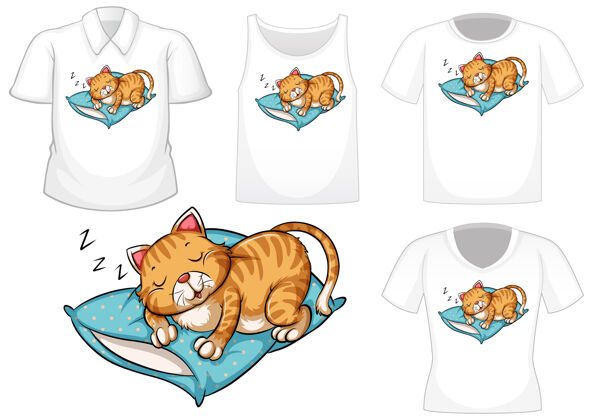 展示猫睡卡通人物与一套不同的衬衫隔离在白色背景上睡眠卡通马球