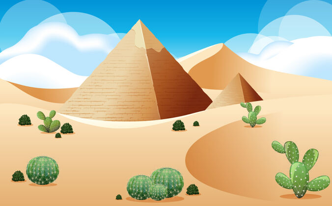 金字塔沙漠与金字塔和仙人掌景观在白天的场景仙人掌风景剪贴画