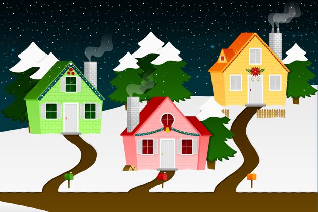 下雪平面圣诞小镇插图庆祝节日公寓