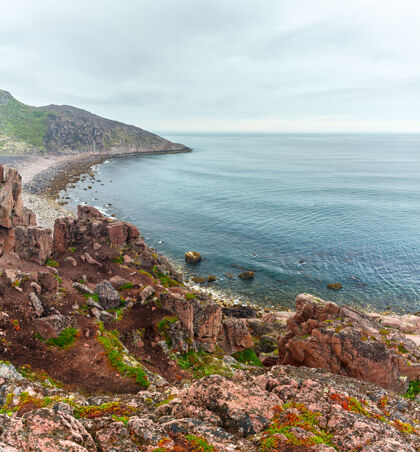 海岸线巴伦支海岩石海岸上的景色科拉半岛 北极 俄罗斯海岸夏天天空