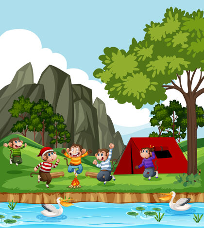 小五只小猴子在公园里跳跃帐篷猴子动物