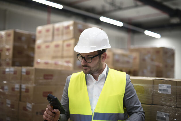 商品工业工人用条形码扫描器跟踪和控制货物到达仓库工人成功人员