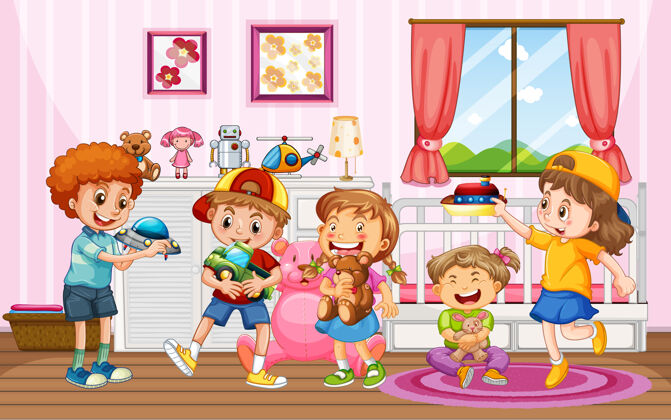 窗户孩子们在家玩玩具的场景婴儿小室内