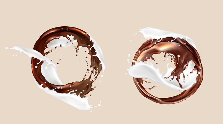 牛奶咖啡和牛奶飞溅 巧克力和牛奶混合 圆形漩涡流白棕色液体漩涡与飞溅的水滴 框架 动态元素鸡尾酒促销滴