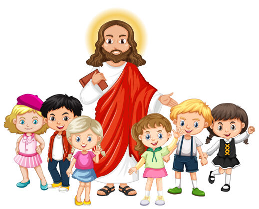 小耶稣与一个儿童组卡通人物圣经孩子女孩