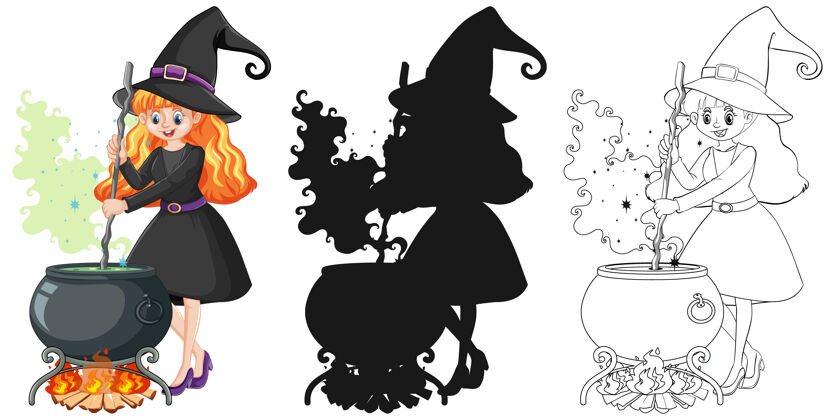 魔术巫婆与魔法壶的颜色和轮廓和剪影卡通人物隔离在白色背景上卡通幻想药水
