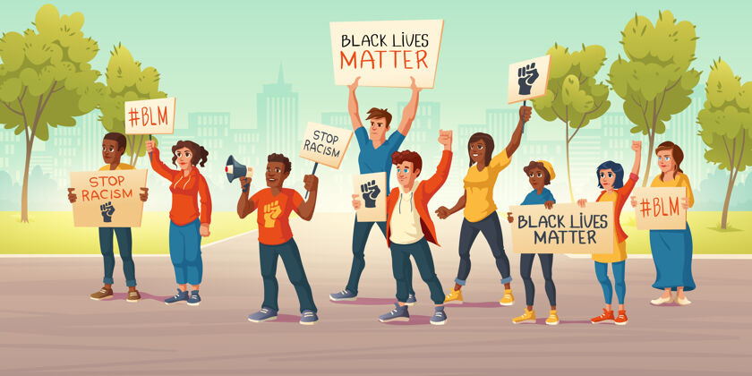 抗议人们举着横幅与黑人生命的物质和拳头在城市街道上矢量漫画的抗议反对种族主义白人和非裔美国人的积极分子人权法案种族拳头活动家