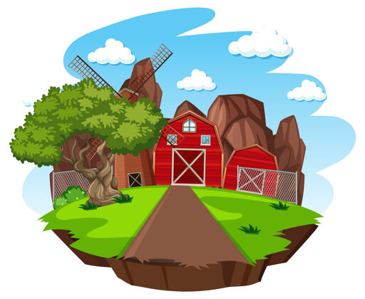风磨坊白色背景上有红色谷仓和风车的农场户外乡村彩色
