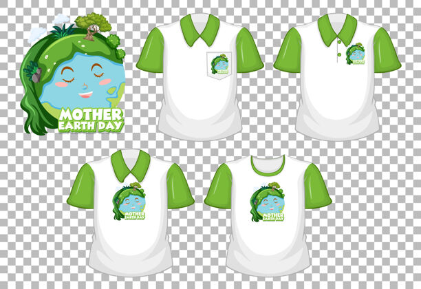 衬衫地球母亲日标志与一套不同的衬衫隔离在透明的背景马球地球展示