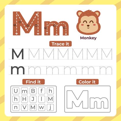 孩子字母m和猴子孩子教育准备印刷