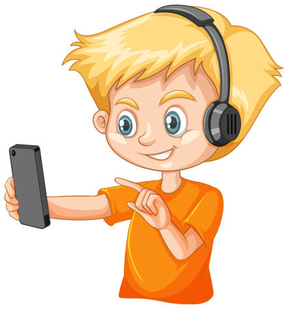 手机一个男孩用白色背景的智能手机头发电子金发