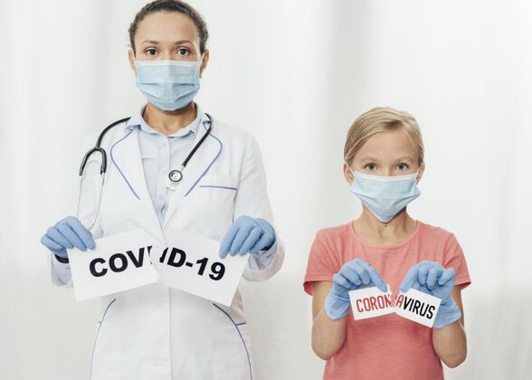 职业中枪科维德19医生和孩子冠状病毒医学口罩职业