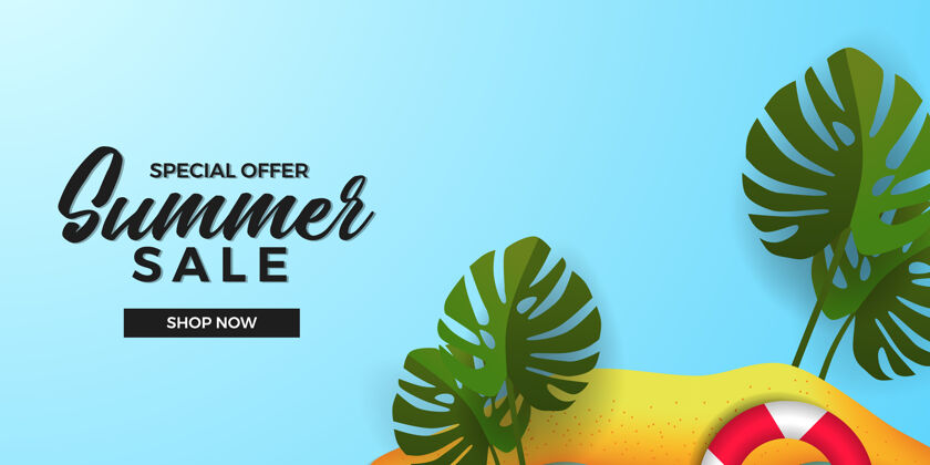 热带夏季销售提供横幅模板与沙滩岛与绿色热带怪兽叶植物夏季展示夏季